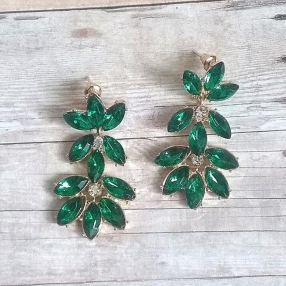 Green & Gold Jewel Drop Stud Earrings